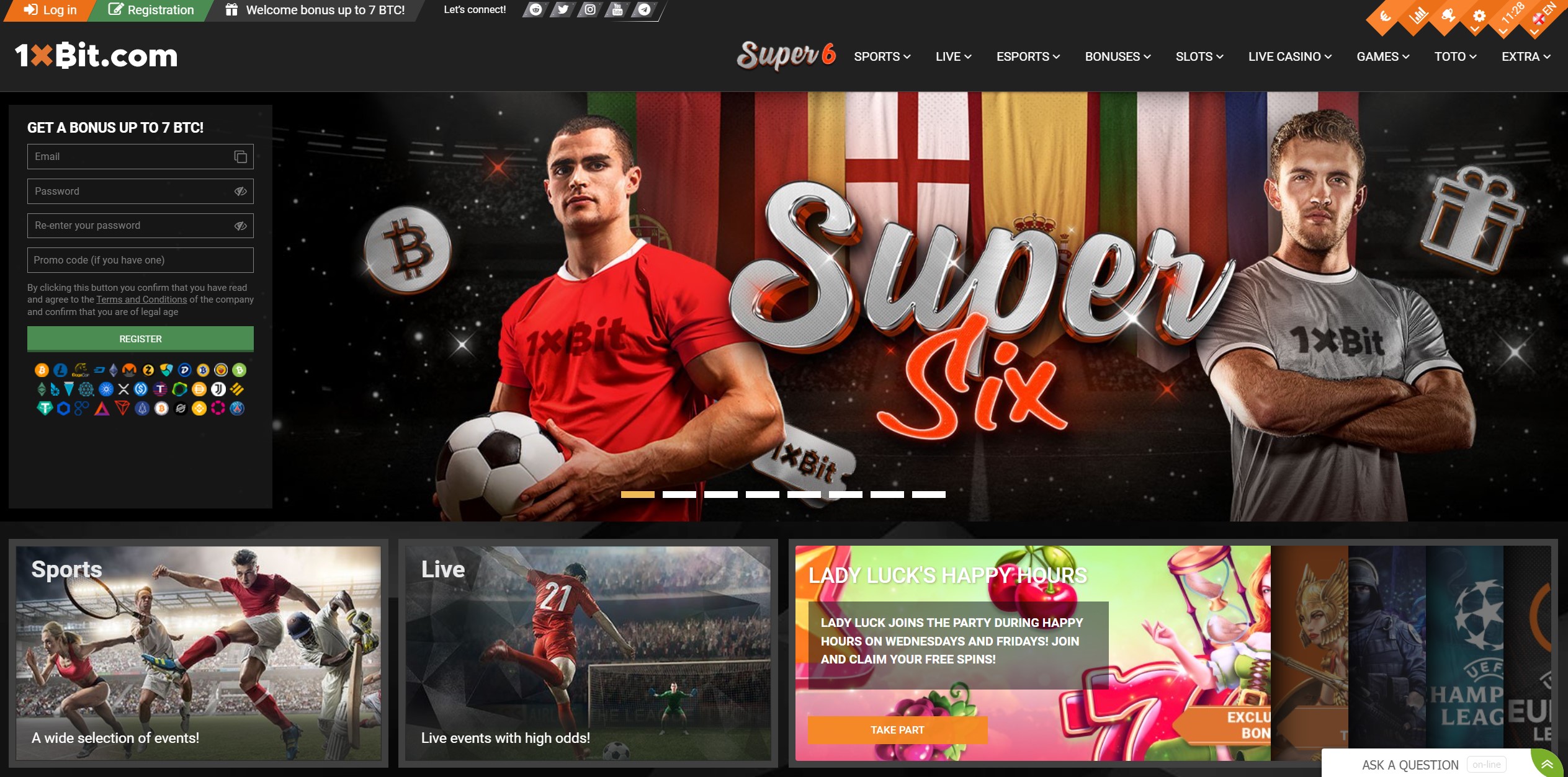 1xbit Bitcoin casino main page, soccer player in red shirt