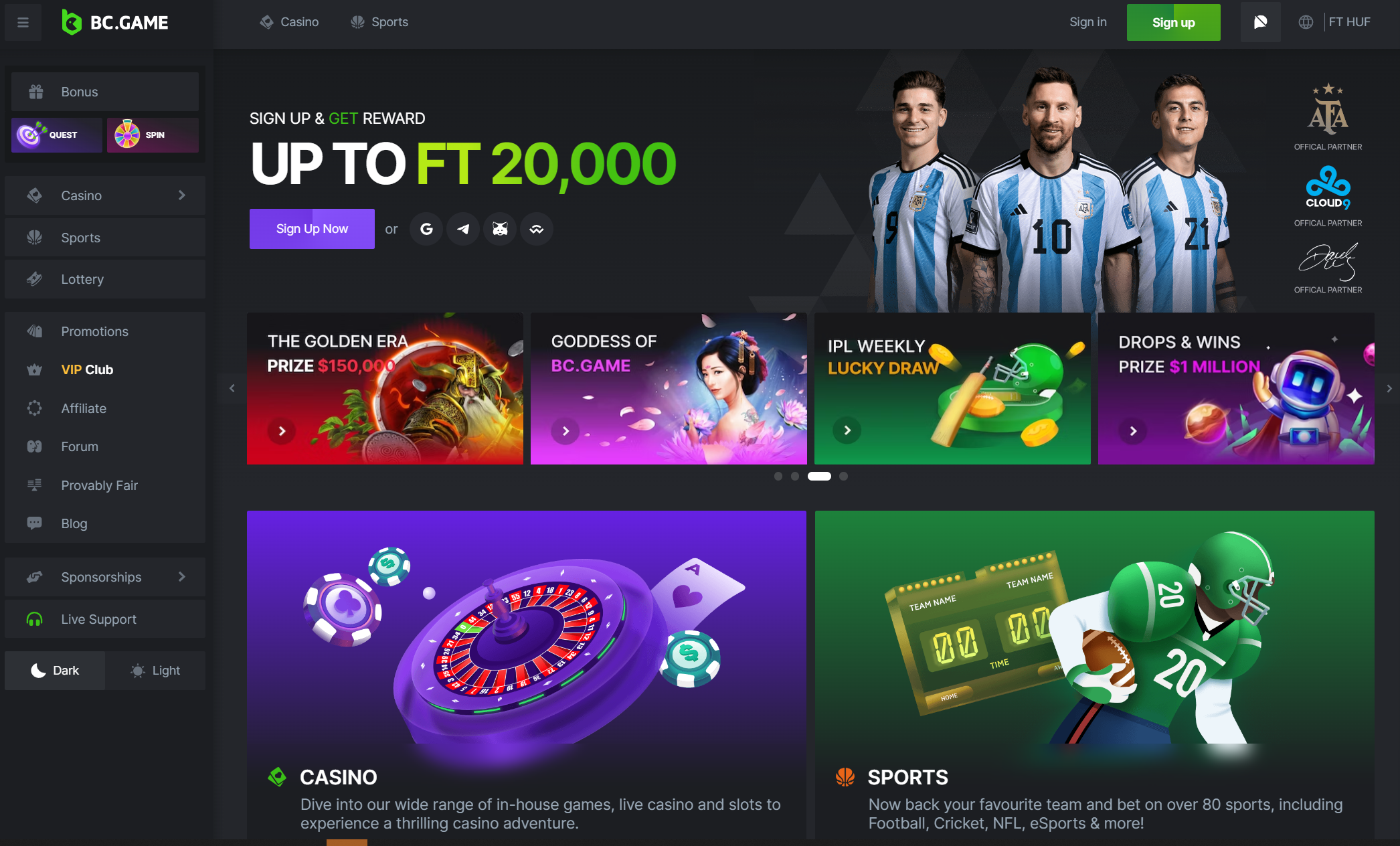 BC.Game Bitcoin Keno casino main page, with soccer players, roulette, chips