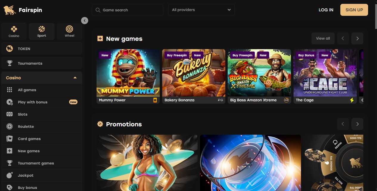 Fairspin casino main page, colourful game selection