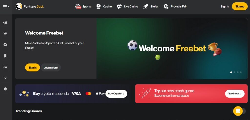 Fortunejack Casino main page. Soccerball, tennis ball, basketball and a championship cup in the background.