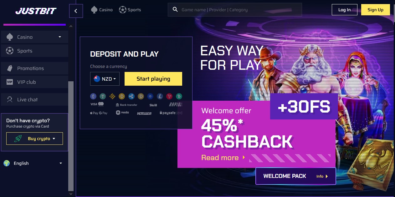 Justbit Casino main page, with three fantasy figures 