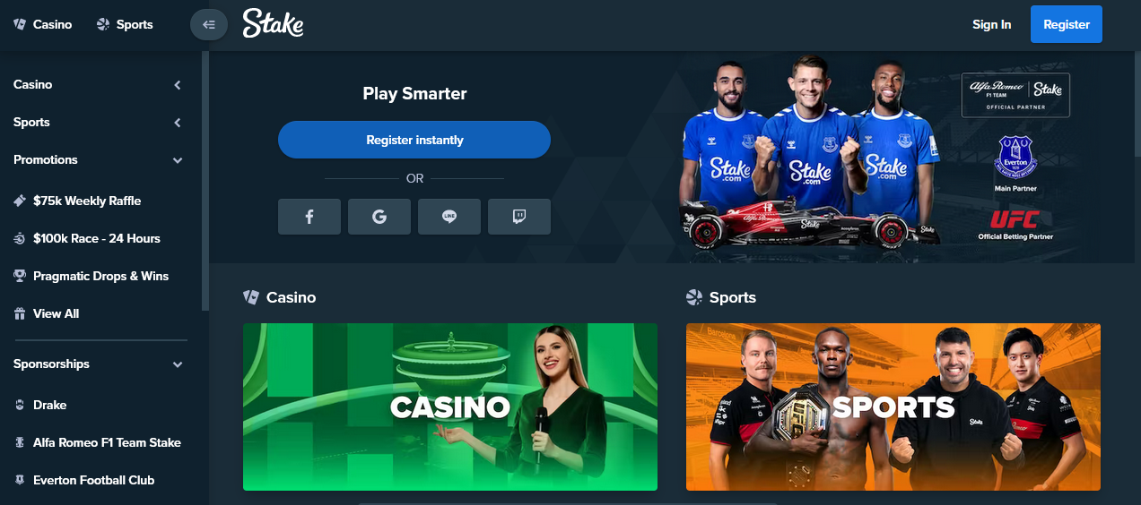 Stake Bitcoin casino main page, soccer players in blue shirts and black shirts, lady with a mike in casino