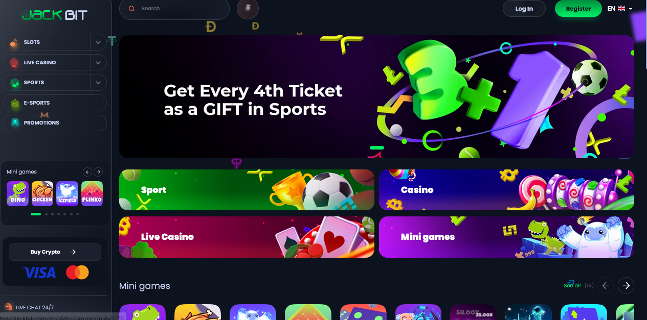 Jackbit Bitcoin Keno casino main page with numbers, soccer ball, and game types