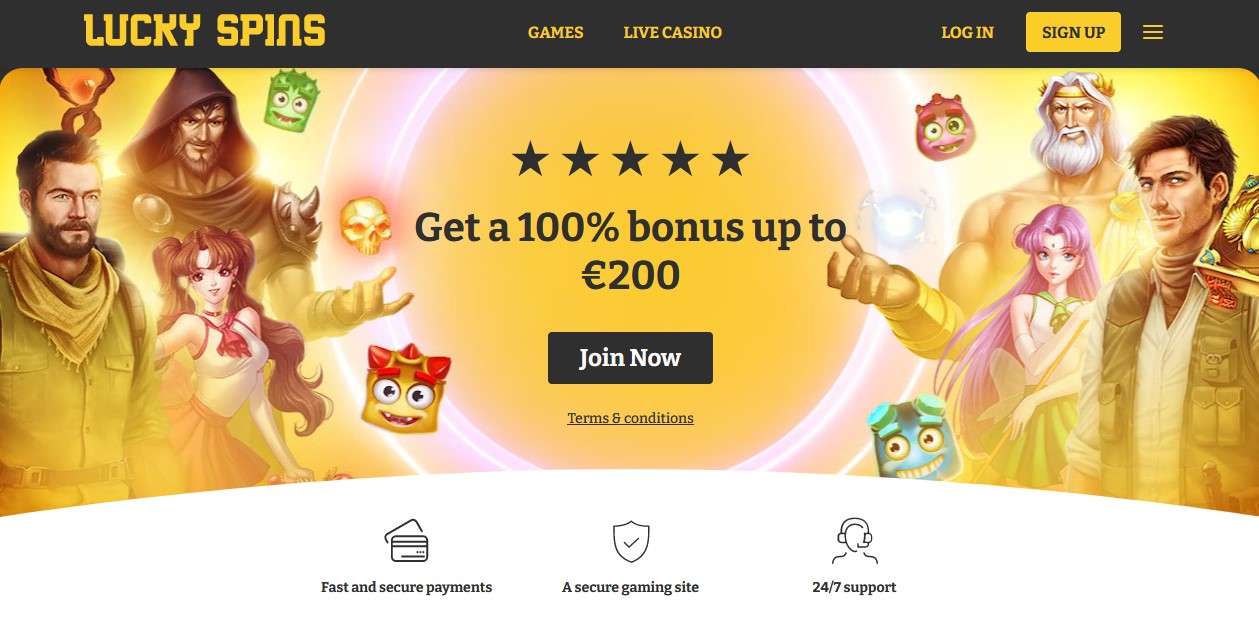 Lucky Sping Casino main page, promoting €200 bonus