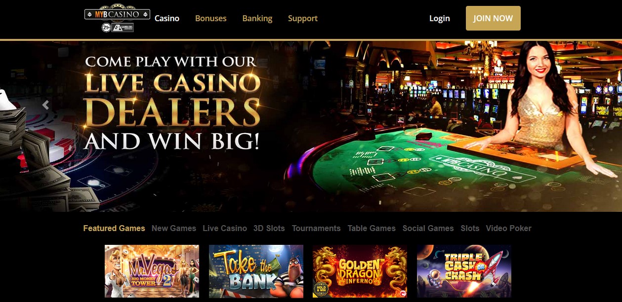 MYB Casino main page, female dealer behind a table, and promoting 4 casino games