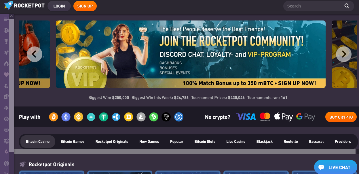 Rocketpot Bitcoin casino main page. Blue background, woman holding a glass of champagne, golden Bitcoins flying.