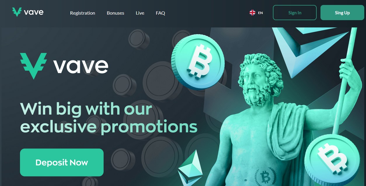 Vave Casino Main page. Exclusive promotions text, Bitcoins falling, a statue of marble holding a V shaped flag.