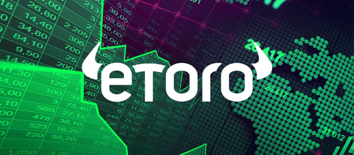 etoro crypto exchange text on a green mobile screen in white