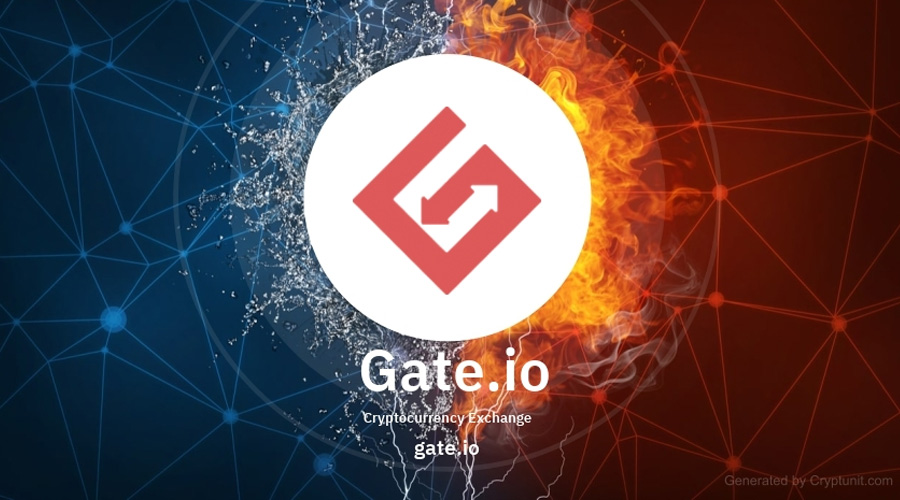 Gate.io crypto exchange logo in a blue and golden background