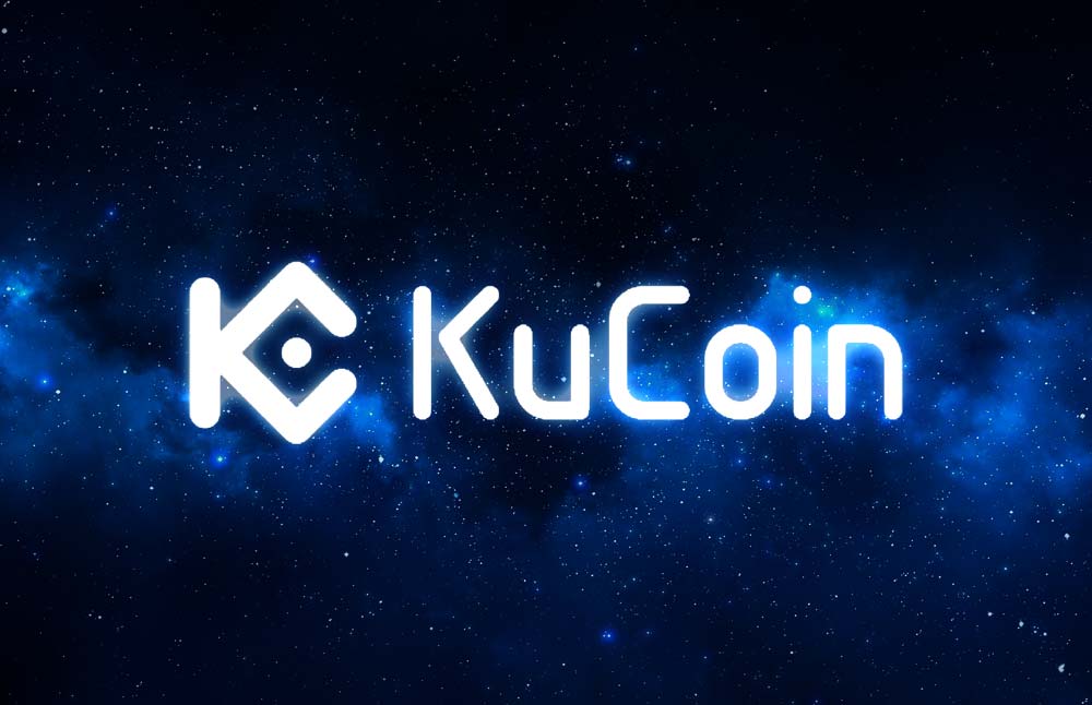 KuCoin crypto exchange logo and text in white in a starry, dark blue sky background 