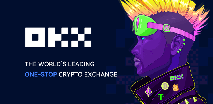 OKX crypto exchange text in white pixels on a dark background with a punk male head in orange and purple